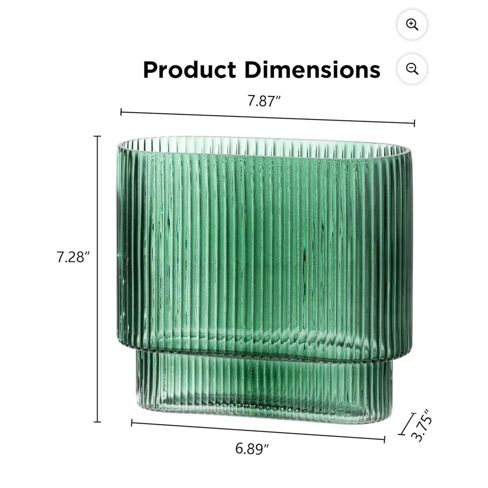 Green Ribbed Glass Vase Modern Tiered Rectangular Emerald Decorative Centerpiece